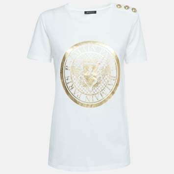 Pre Owned Balmain White/Golden Logo Print Cotton Jersey T-Shirt S