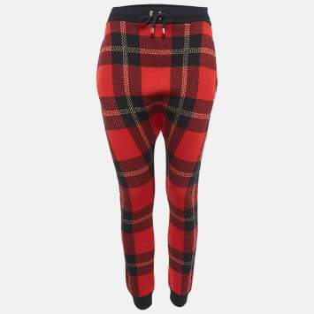 Pre Owned Burberry Red Tartan Lurex and Wool Wool Knit Sweatpants XS