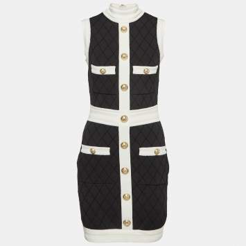 Pre Owned Balmain Black Patterned Jersey Detailed Button Mini Dress M
