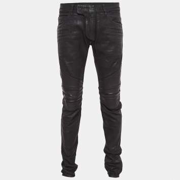 Pre Owned Balmain Black Waxed Leather Trim Denim Jeans M Waist 32"