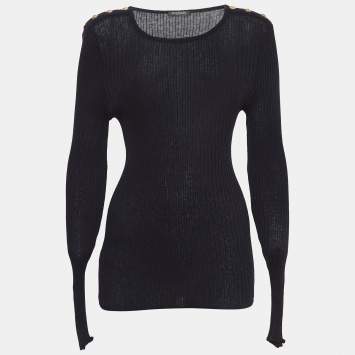 Pre Owned Balmain Black Rib Knit Button Detail Sweater M