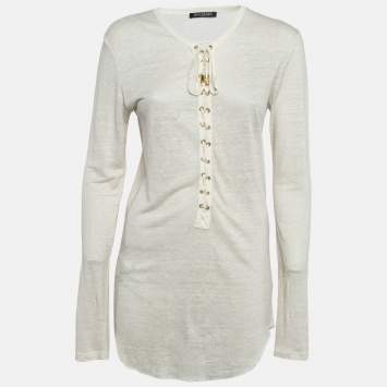 Pre Owned Balmain Off-White Linen Knit Lace-Up Top M