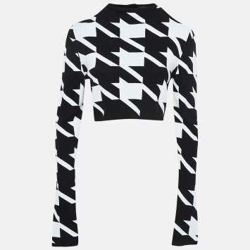 Pre Owned Balmain Black/White Houndstooth Patterned Knit Zip-Up Cardigan M