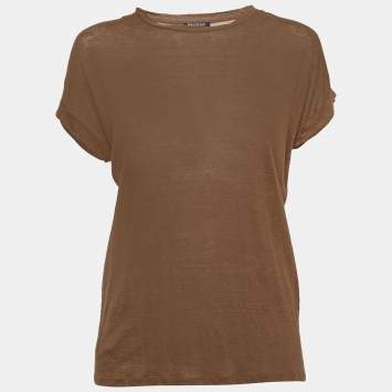 Pre Owned Balmain Brown Stretch Linen Jersey Rolled Sleeve T-Shirt S