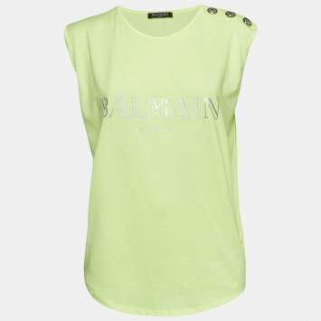 Pre Owned Balmain Fluorescent Green Logo Print Jersey Sleeveless T-Shirt M