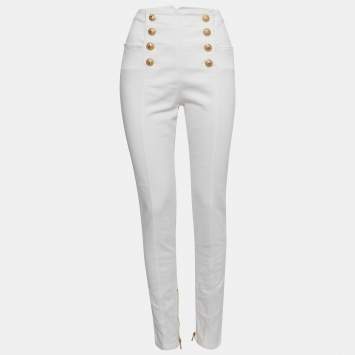Pre Owned Balmain White Denim Button Embellished High Waist Pants L