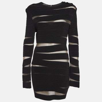 Pre Owned Balmain Black Open Knit Long Sleeve Mini Dress L