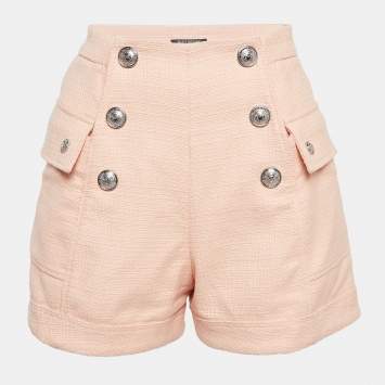 Pre Owned Balmain Light Orange Canvas Button Embellished High-Waist Shorts S
