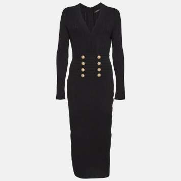 Pre Owned Balmain Black Pinhole Patterned Knit Zip-Up Full Sleeves Bodycon Dress L