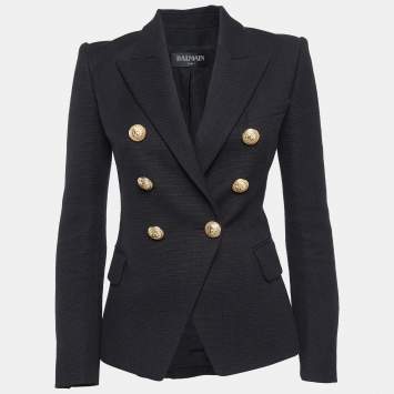 Pre Owned Balmain Black Basketweave Cotton Double Breasted Blazer S