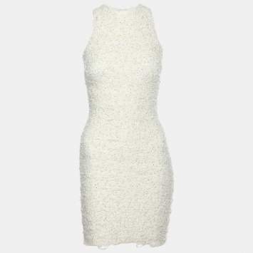Pre Owned Balmain Cream Textured Nylon Blend Pearl Detail Midi Dress XS