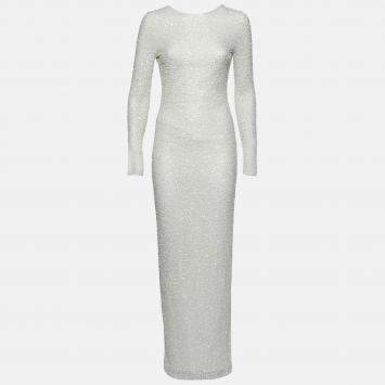 Pre Owned Balmain White Sequin & Bead Embellished Mesh Gown S