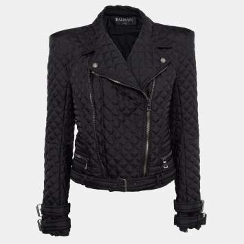 Pre Owned Balmain Black Synthetic Quilted Biker Jacket L