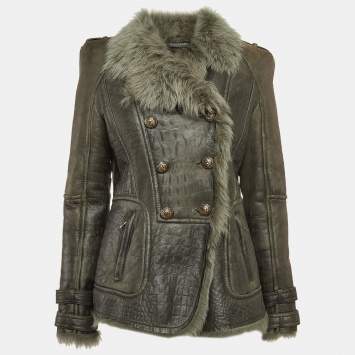 Pre Owned Balmain Green Genuine Leather Double Breasted Fur Collar Jacket L