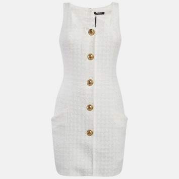 Pre Owned Balmain White Bouclé Tweed Button Detail Mini Dress S
