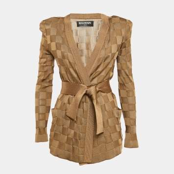 Pre Owned Balmain Brown Woven Pattern Jersey Open Front Belted Cardigan S