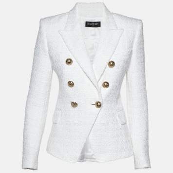Pre Owned Balmain White Tweed Double Breasted Blazer S