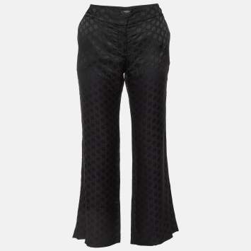Pre Owned Balmain Black Logo Jacquard Silk Blend Palazzo Pants L