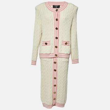 Pre Owned Balmain White Cable Knit Button Front Skirt & Cardigan Set L
