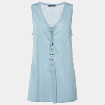 Pre Owned Balmain Navy Blue Cashmere Knit Lace-Up Tank Top M
