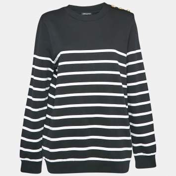 Pre Owned Balmain Black Striped Cotton Knit Crew Neck Sweatshirt L