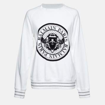 Pre Owned Balmain White Logo Flock Print Cotton Sweatshirt M