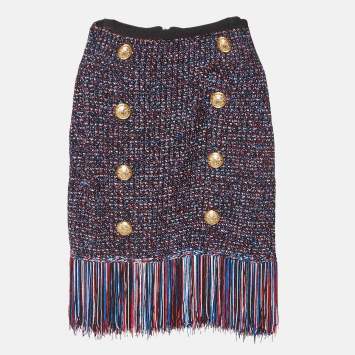 Pre Owned Balmain Multicolor Knit Button Detail Fringed Mini Skirt M