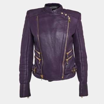 Pre Owned Balmain Purple Shearling Trim Leather Zipper Detail Jacket M