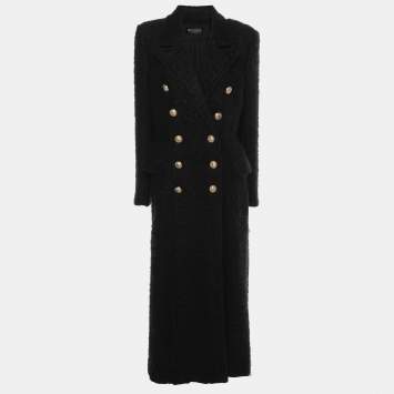 Pre Owned Balmain Black Mohair Wool Double Breasted Long Coat L