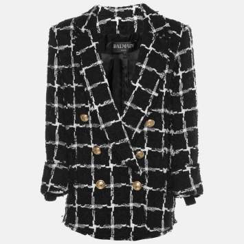 Pre Owned Balmain Black/White Tweed Double Breasted Blazer L