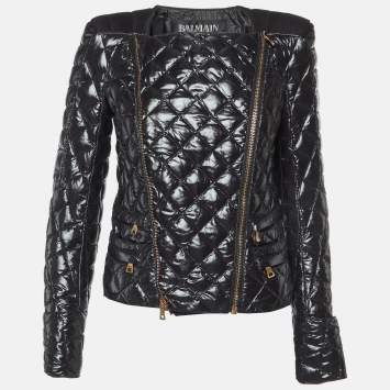Pre Owned Balmain Black Nylon Zip-Up Quilted Down Jacket M