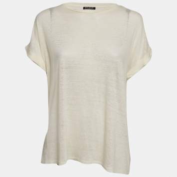 Pre Owned Balmain Cream Linen Knit Short Sleeve Top L