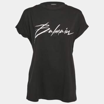 Pre Owned Balmain Black Logo Print Cotton Crew Neck T-Shirt M