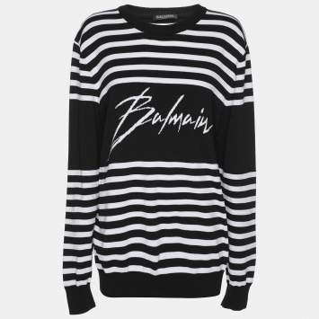 Pre Owned Balmain Black/White Striped Knit Fabric Crew Neck Sweater M