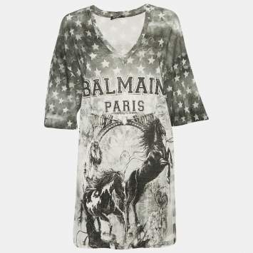 Pre Owned Balmain Grey Printed Linen Jersey V-Neck T-Shirt L