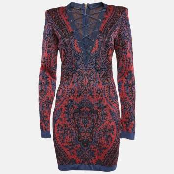 Pre Owned Balmain Red/Blue Paisley Knit Lace-Up Mini Dress M