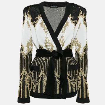 Pre Owned Balmain Metallic Patterned Lurex Knit Belted Cardigan L
