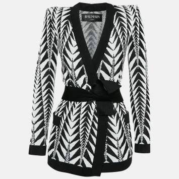 Pre Owned Balmain White/Black Patterned Knit Belted Cardigan S