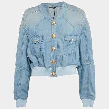 Pre Owned Balmain Blue Lyocell and Linen Button Detail Bomber Jacket L