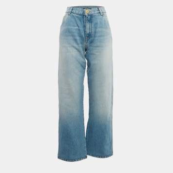 Pre Owned Balmain Blue Logo Embossed Denim Loose Fit Straight Leg Jeans M Waist 30"