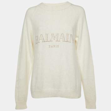 Balmain Off-White Logo Embellished Wool Pullover M