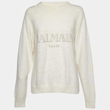 Balmain Cream Crystal Logo Embellished Wool Knit Sweater M