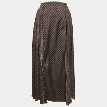 Pre Owned Balmain Brown  Monogram Print Satin Pleated Midi Skirt M