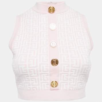 Pre Owned Balmain Pink Monogram Jacquard Knit Sleeveless Crop Top S