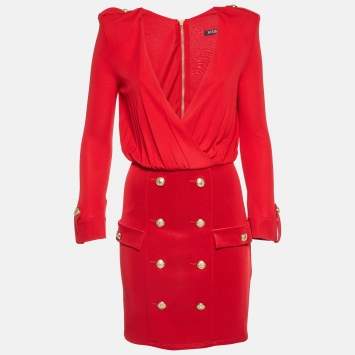Pre Owned Balmain Red Jersey Button Embellished Mini Dress M
