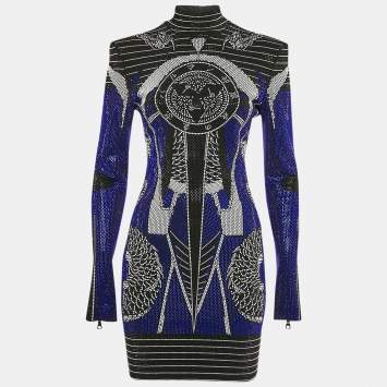 Pre Owned Balmain Blue/Multicolor Studded Mini Bodycon Dress M