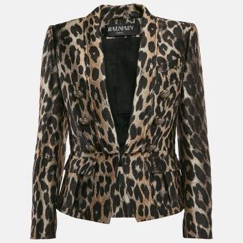 Pre Owned Balmain Brown Leopard Pattern Jacquard Button Detail Blazer M