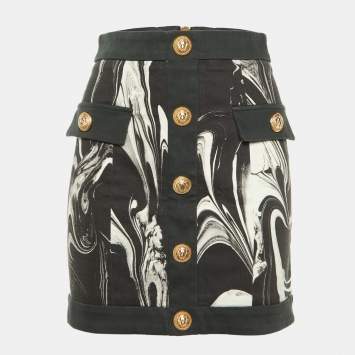 Pre Owned Balmain Monochrome Marble Print Cotton Button Detail Mini Skirt S