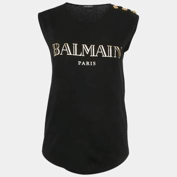Pre Owned Balmain Black Logo Print Cotton Knit Button Detail Sleeveless Top S