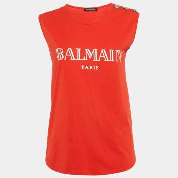 Pre Owned Balmain Red Logo Print Cotton Knit Button Front Sleeveless S